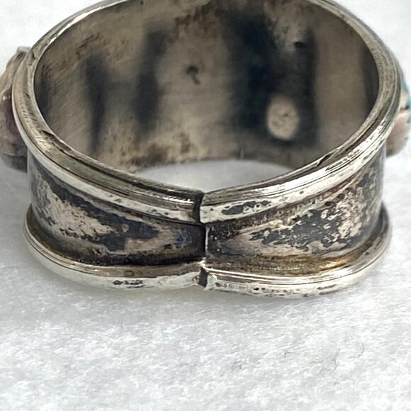 VTG Sterling Silver 925 Southwest Style Turquoise Coral 3 Stone Wide Band Ring - Picture 8 of 16
